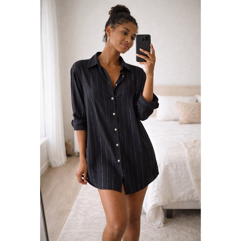 Victoria’s Secret Black Iridescent Stripe Pajama Shirt Tunic Cotton Blend Small